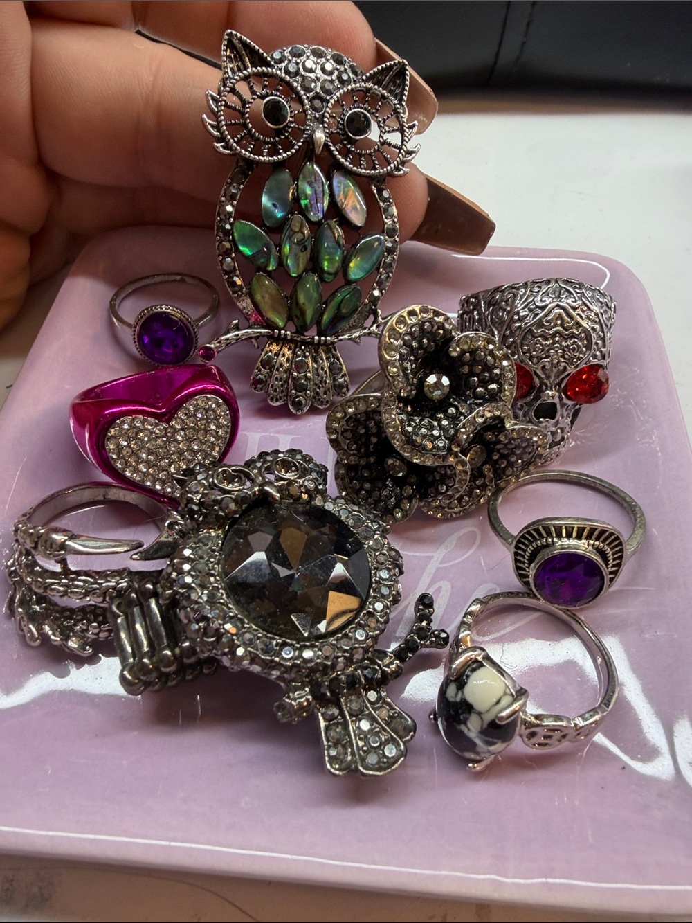 Random lot of goth punk Y2K RINGS not real just for fun and one owl pendant